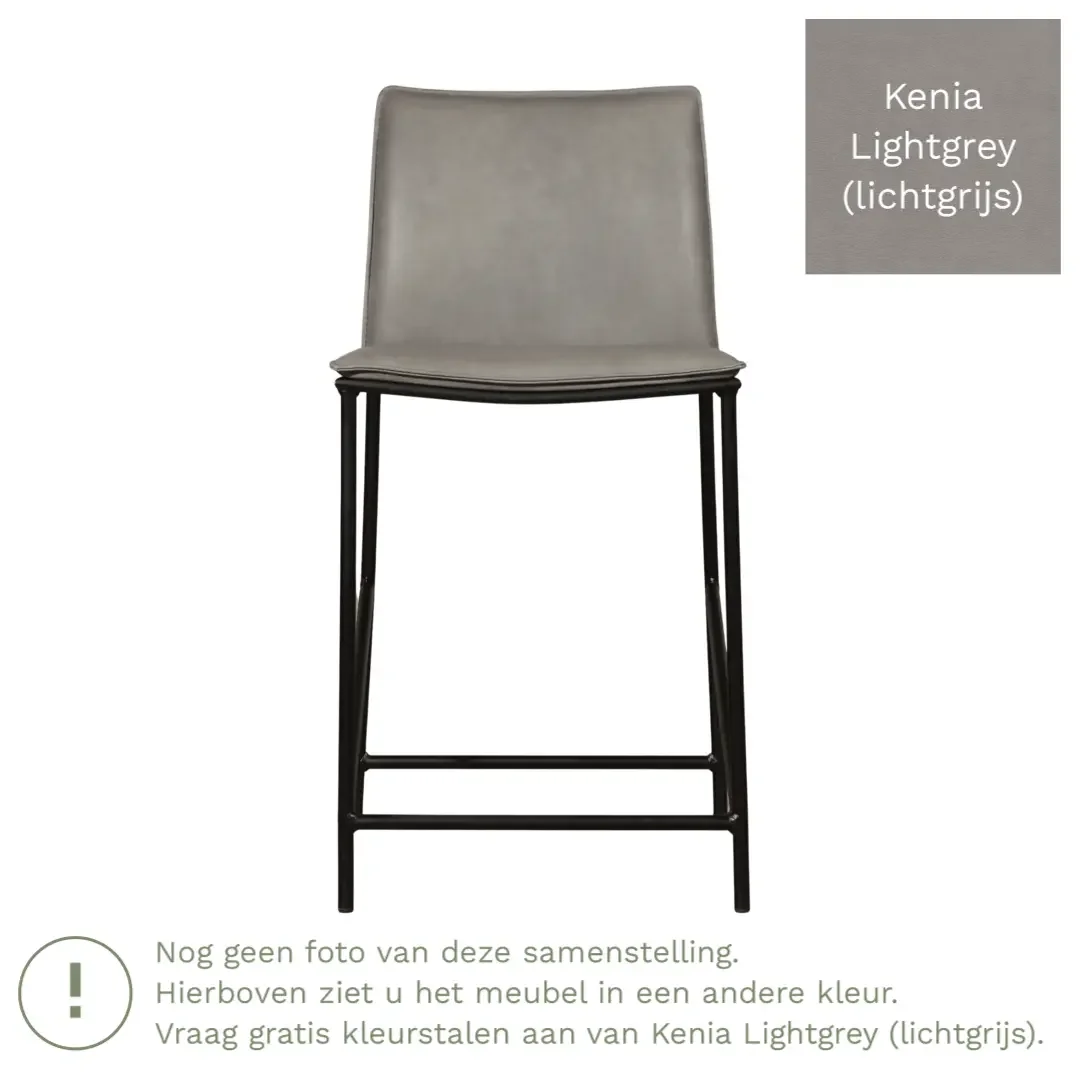 afbeelding van Leren barkruk laag Favor - Kenia Lightgrey (lichtgrijs) - poten staal rond zwart